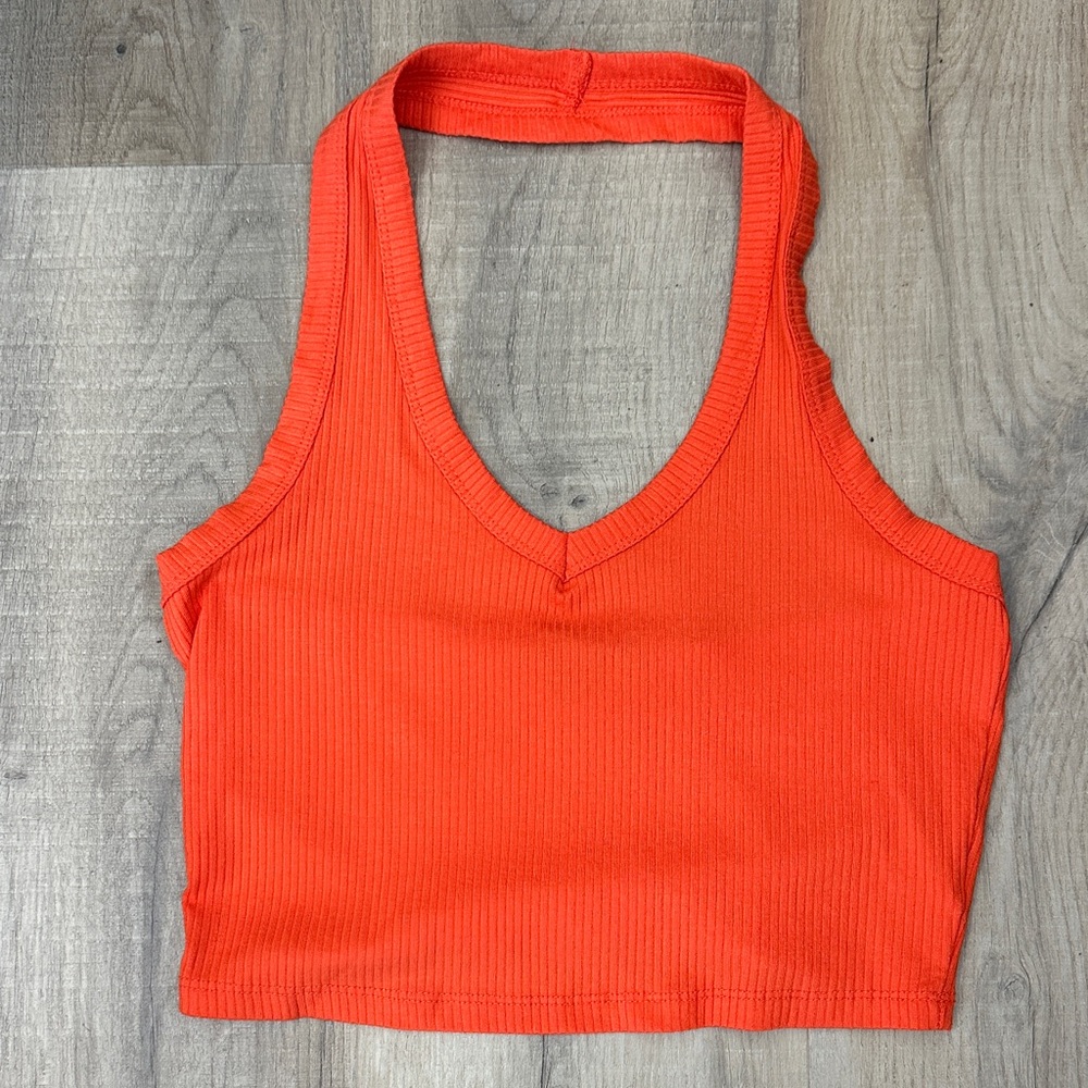 Women's Orange Fashion Nova Stretch Halter Top. Size M 93% Rayon/ 7% Spandex.